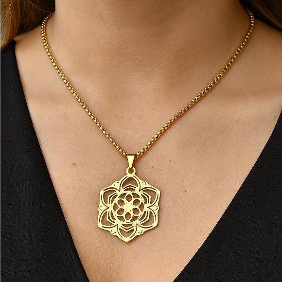 Gold Lotus Mandala Pendant Necklace – 18k Stainless Steel Spiritual Flower Charm - Picture 2 of 7